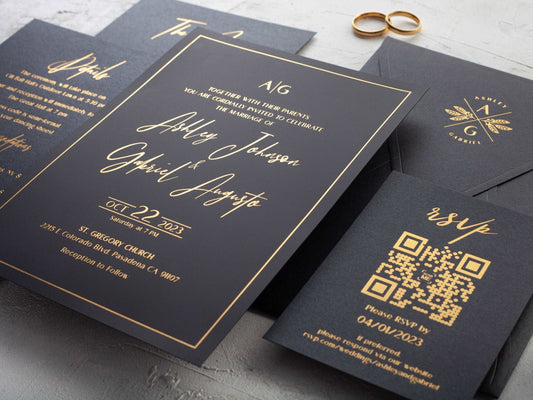 Black Acrylic Invitation with Gold Foil and Black Envelope - LA Invitations Co