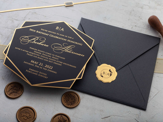 Elegant Black Acrylic Birthday Invite with Gold Foil Letters - LA Invitations Co