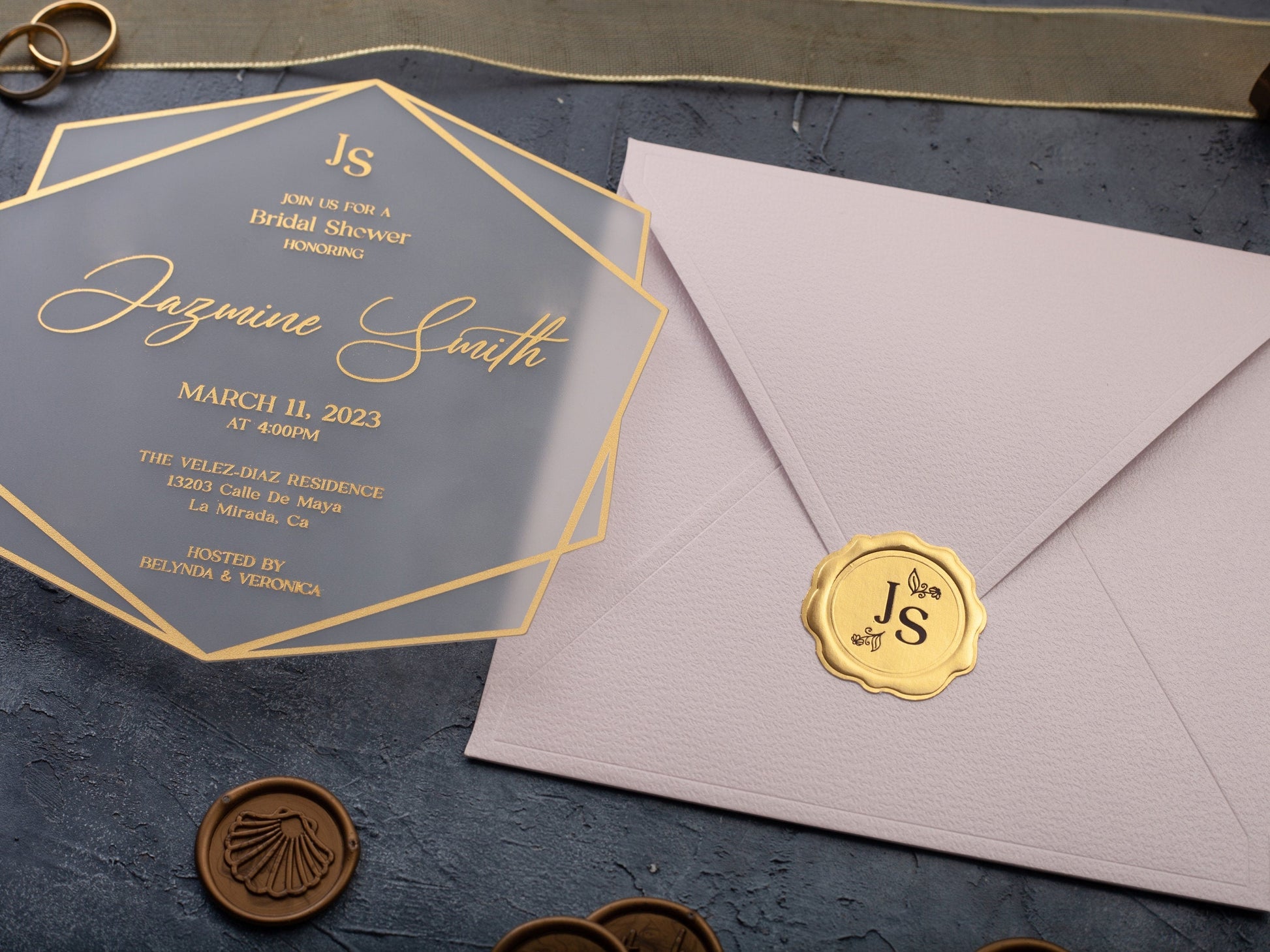 Acrylic Bridal Shower Invitation with Gold Foil and Pink Envelope - LA Invitations Co
