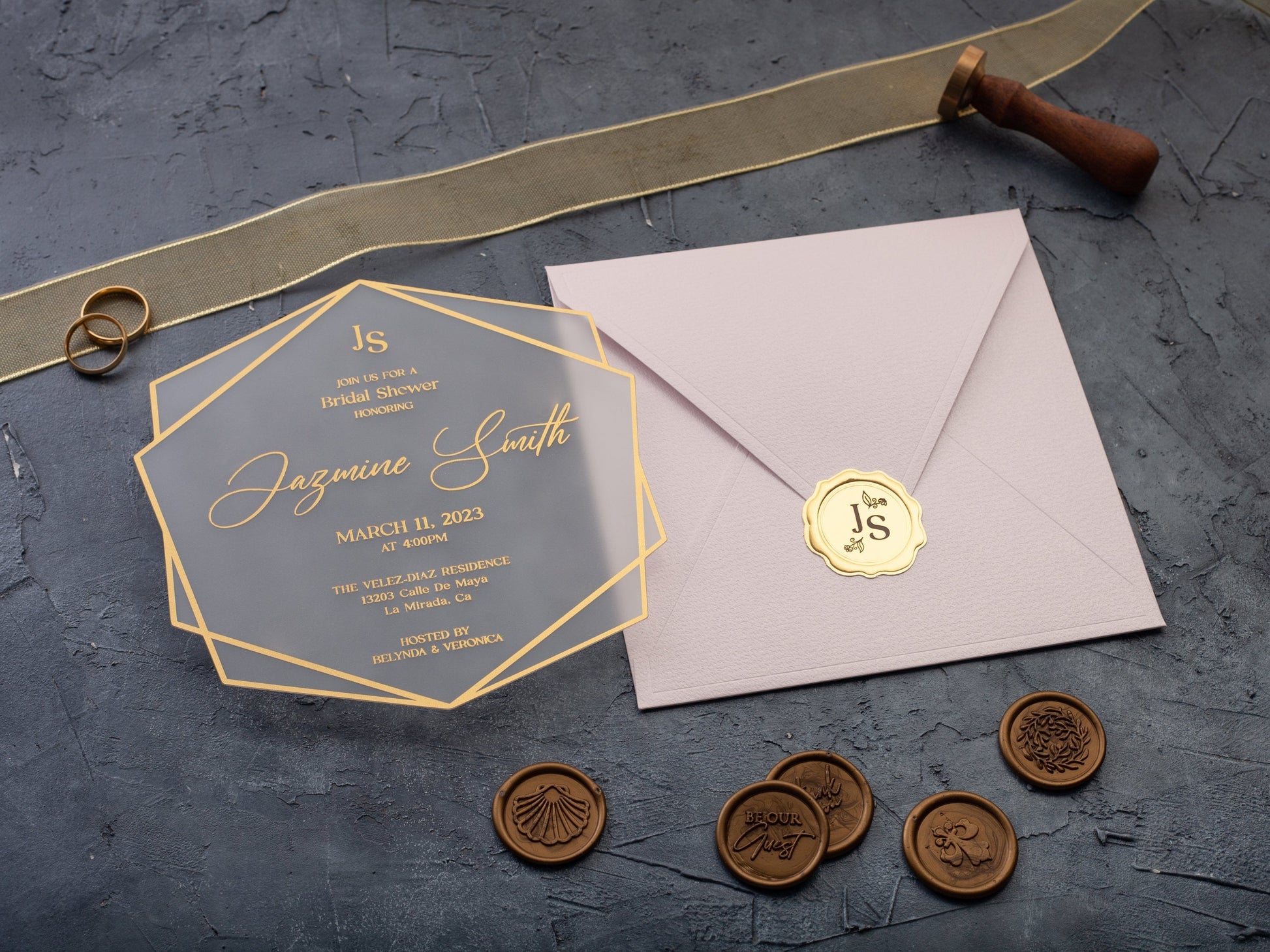 Acrylic Bridal Shower Invitation with Gold Foil and Pink Envelope - LA Invitations Co