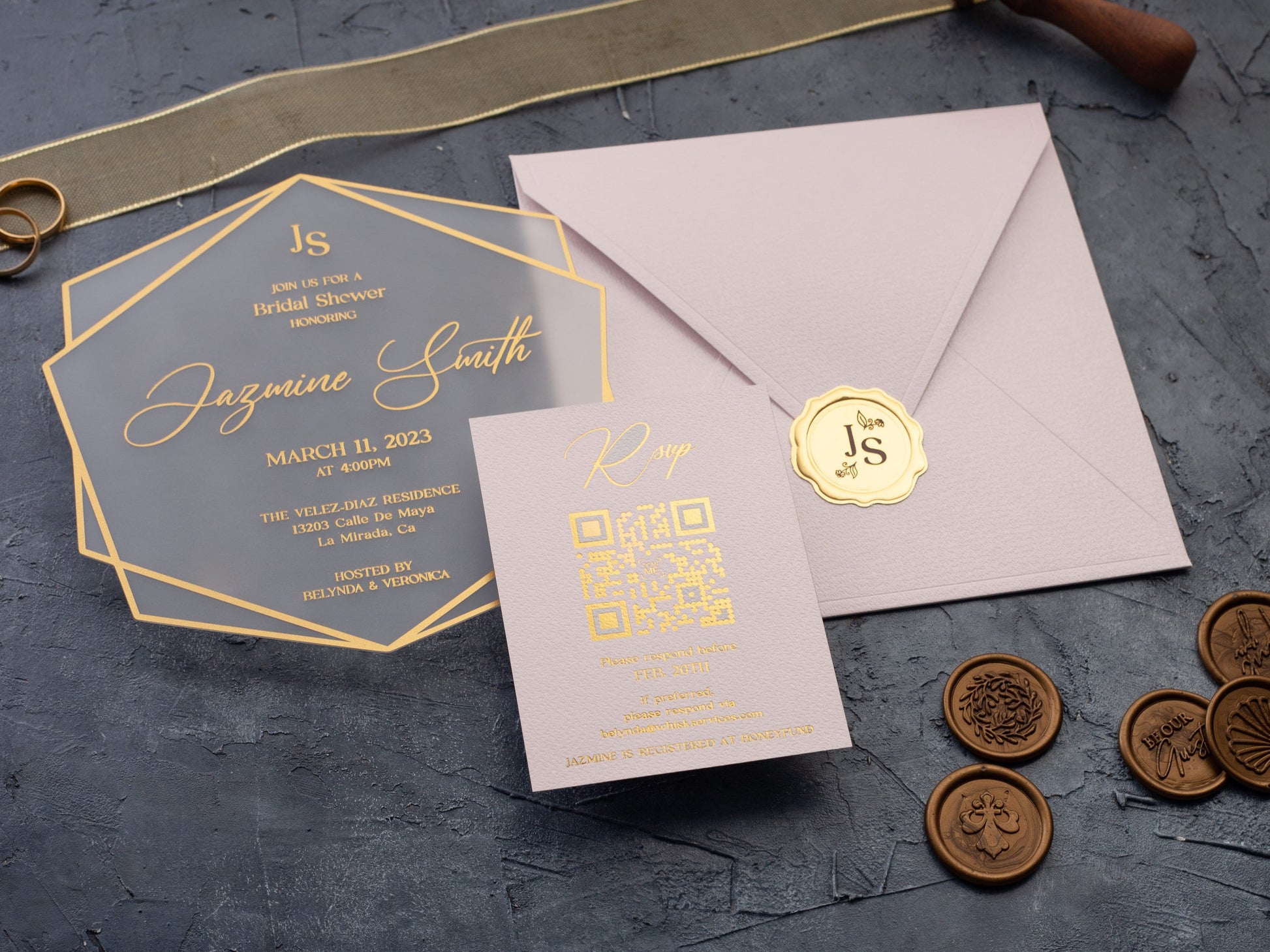 Acrylic Bridal Shower Invitation with Gold Foil and Pink Envelope - LA Invitations Co