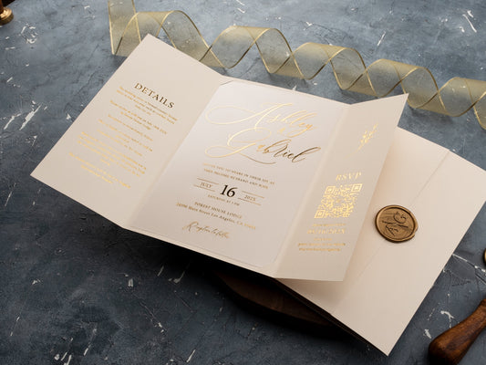 Elegant Ivory Gatefold Acrylic Wedding Invitation with Gold Foil Details - LA Invitations Co