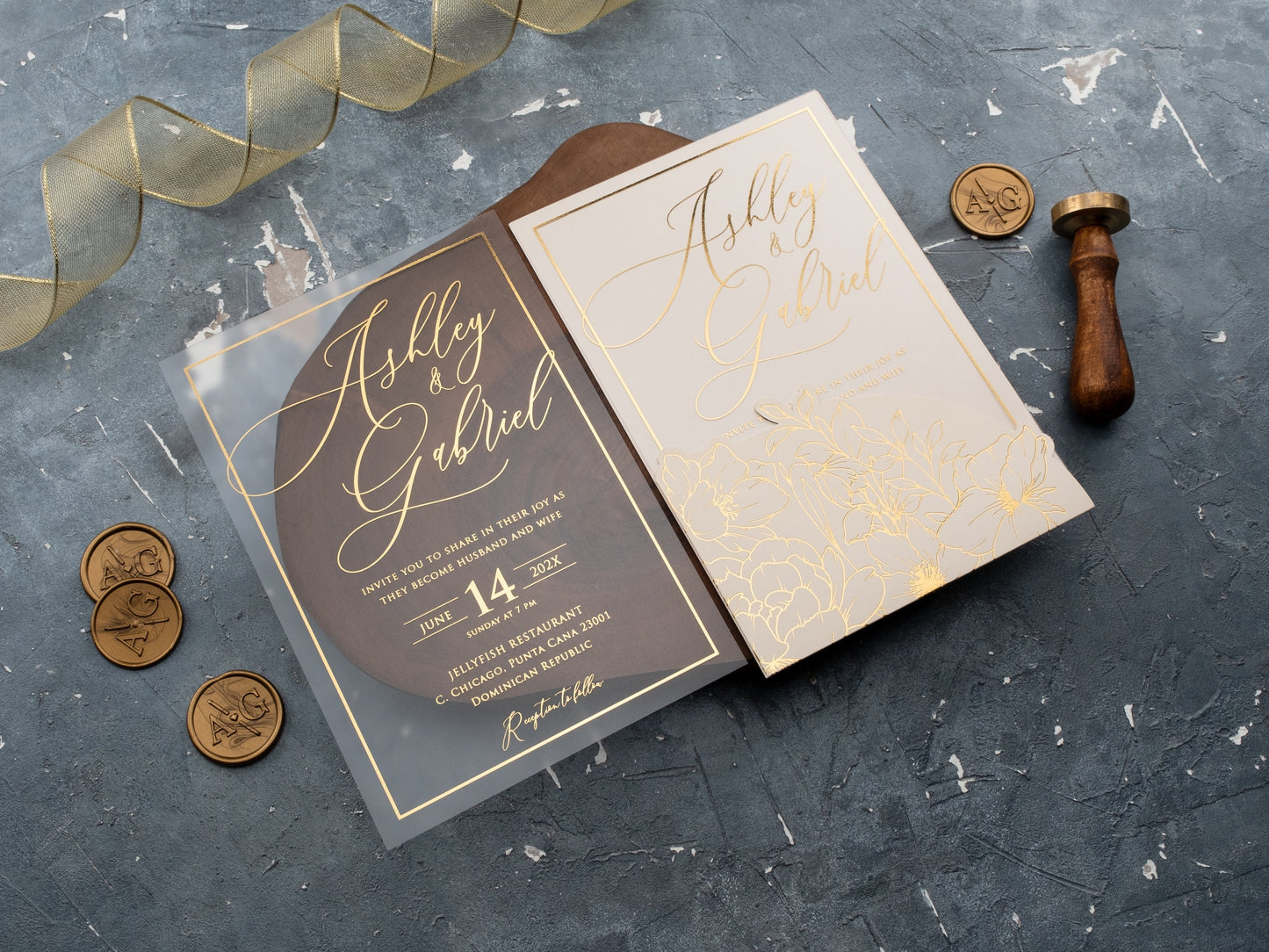 Ivory Acrylic Wedding Invite with Elegant Gold Floral Details