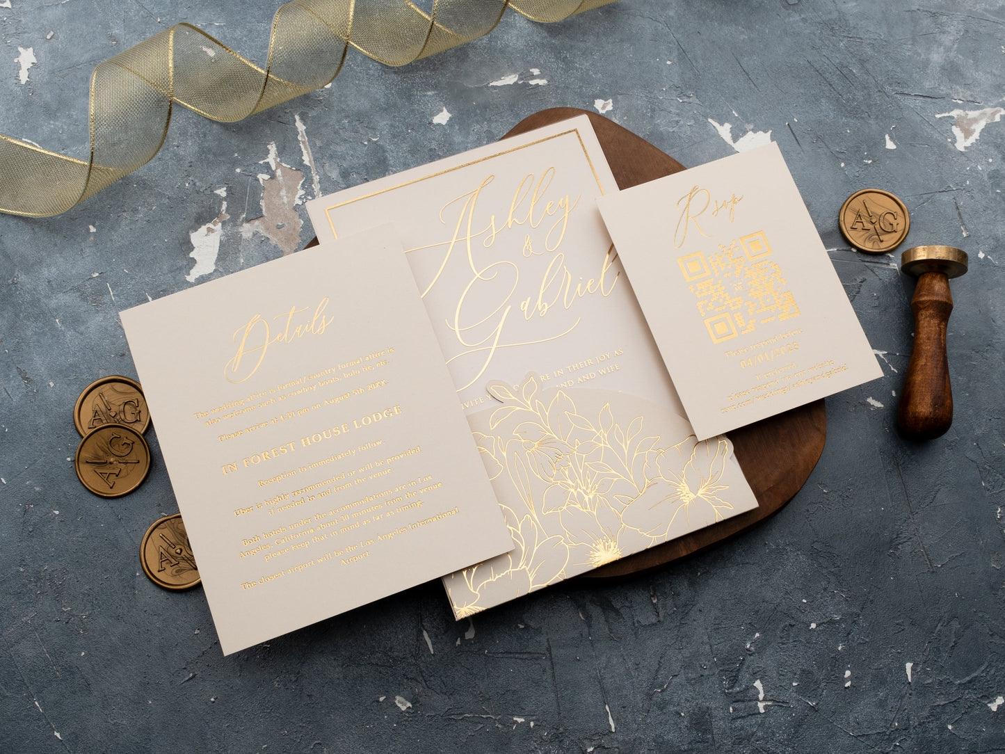 Ivory Acrylic Wedding Invite with Elegant Gold Floral Details