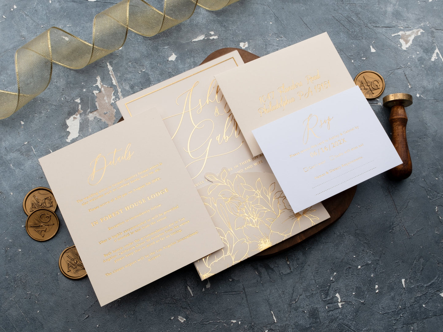 Ivory Acrylic Wedding Invite with Elegant Gold Floral Details
