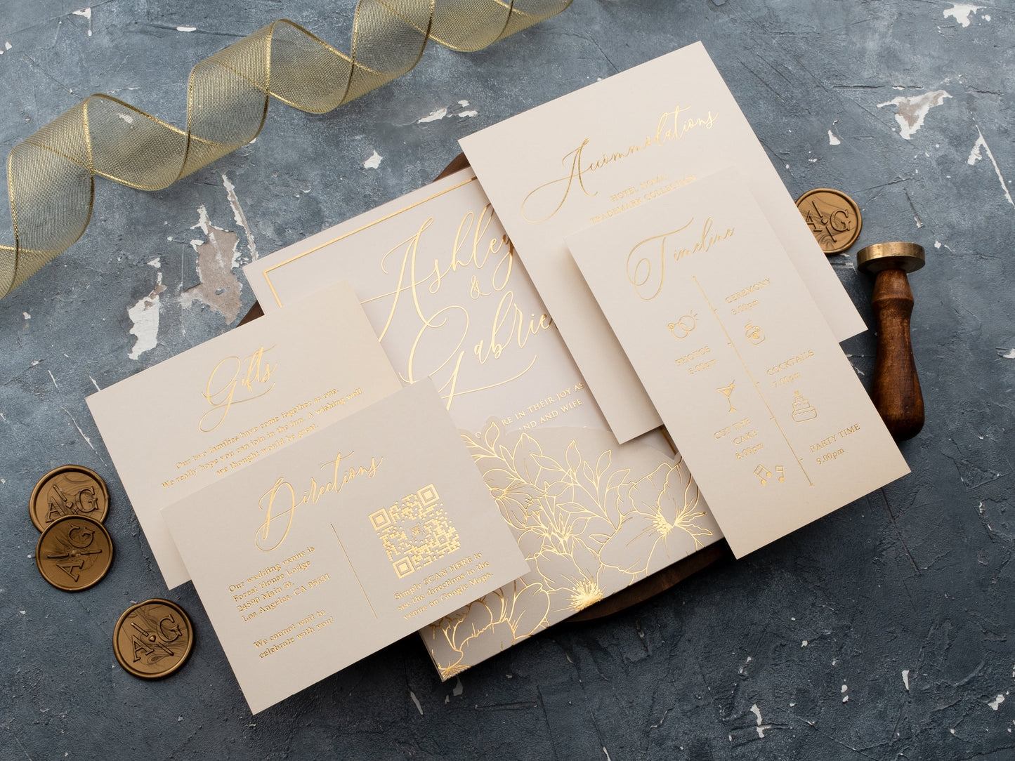 Ivory Acrylic Wedding Invite with Elegant Gold Floral Details