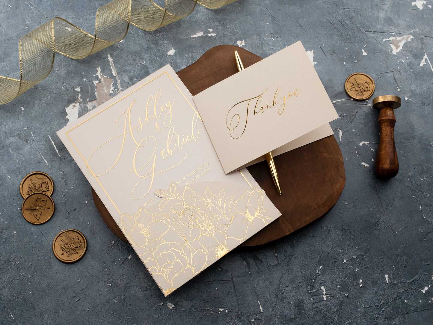 Ivory Acrylic Wedding Invite with Elegant Gold Floral Details