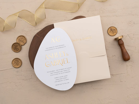 Minimal Ivory Wedding Invitation with Gold Accents and Modern Form - LA Invitations Co