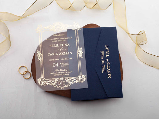 Gold Foil Acrylic Wedding Card with Sophisticated Navy Envelope - LA Invitations Co