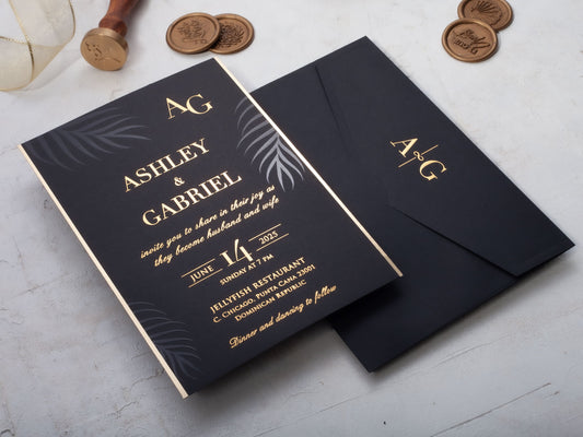 Glamorous Black Invitation with Gold Foil and Palm Leaf Elements - LA Invitations Co