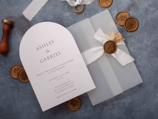 Minimal Arch Wedding Invitation with Vellum Jacket - LA Invitations Co