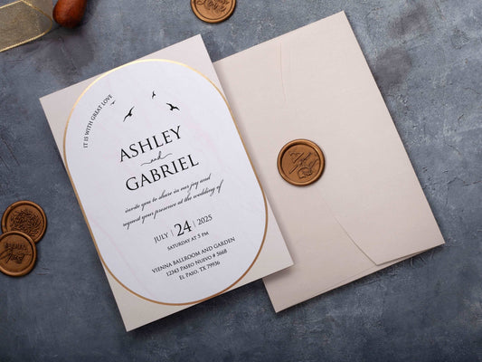 Chic Pink Wedding Card Featuring a Glam Gold Frame - LA Invitations Co