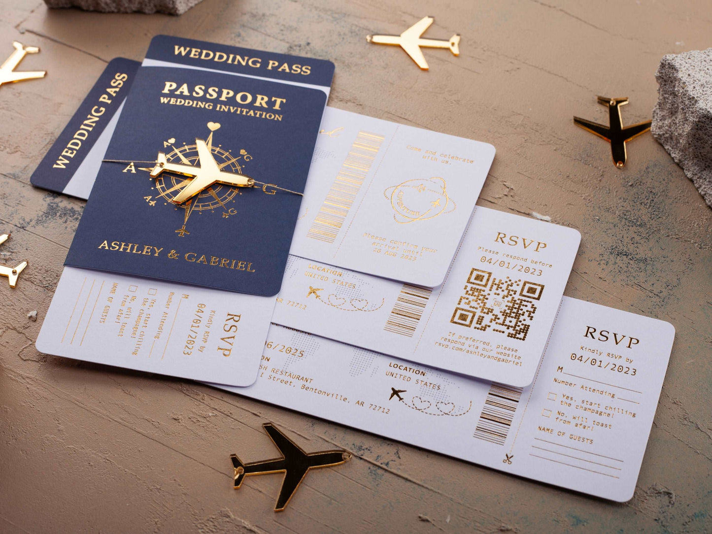 Gold Foil Destination Wedding Invitation in Navy Blue Passport Style