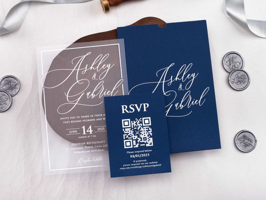 Acrylic Wedding Invitation with Silver Foil and Navy Envelope - LA Invitations Co