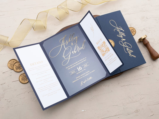 Elegant Gold Foil Acrylic Invite with Navy Blue Gatefold Jacket - LA Invitations Co