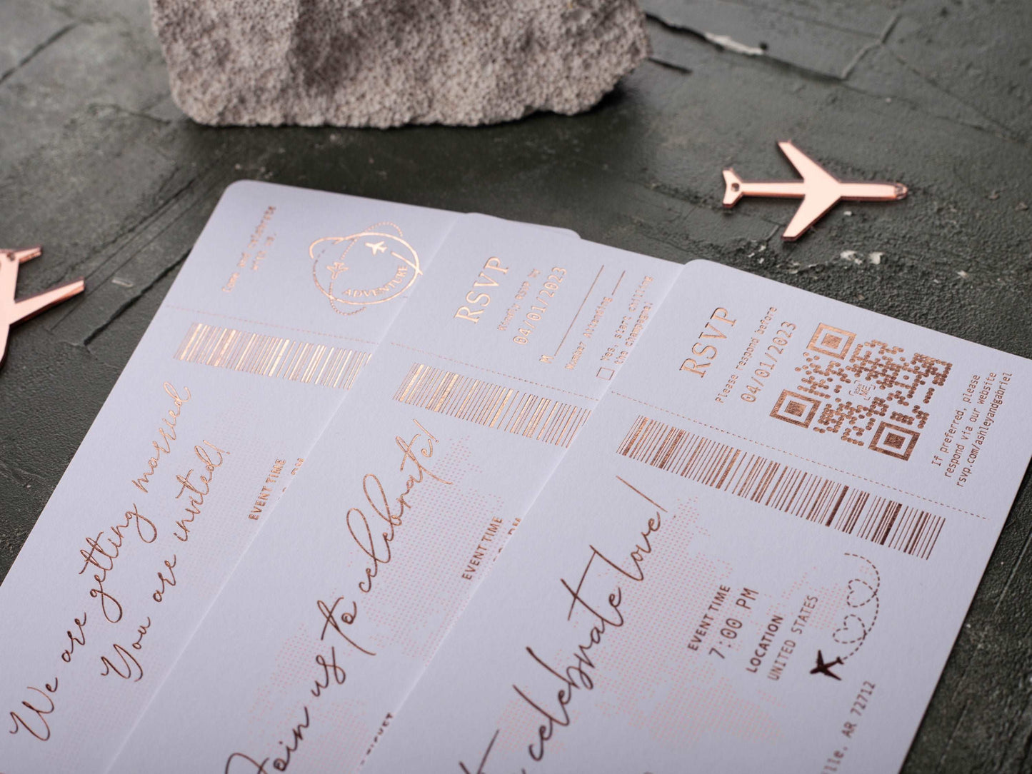 Pink Boarding Pass Wedding Invitation with Rose Gold Foil