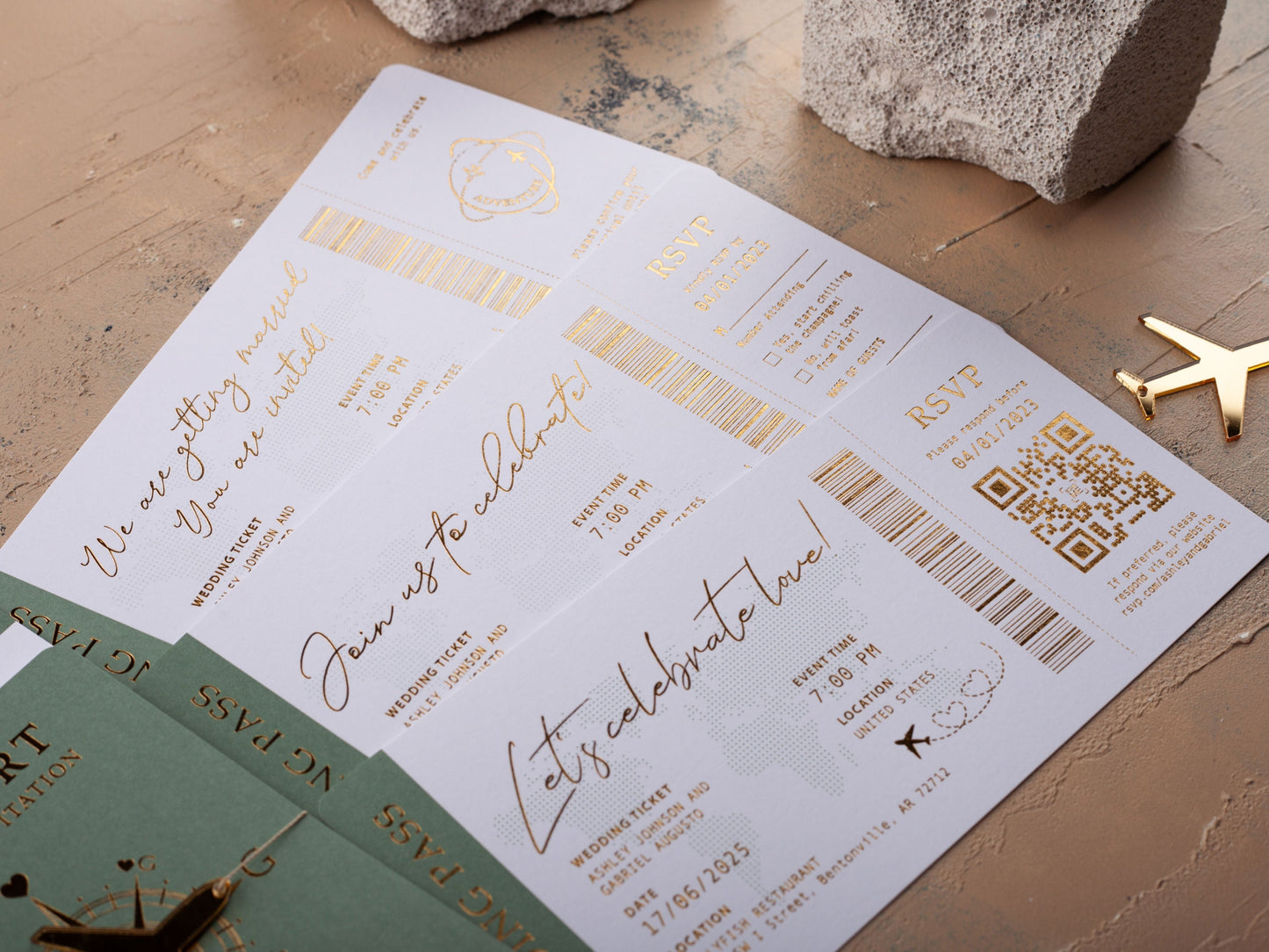 Sage Green Passport Wedding Invitation with Elegant Gold Lettering