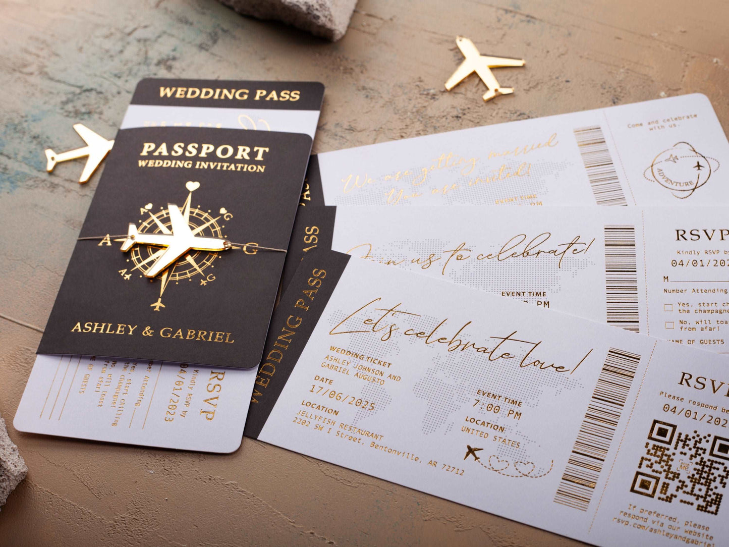 Luxury Black Passport Wedding Invitation with Gold Foil Details