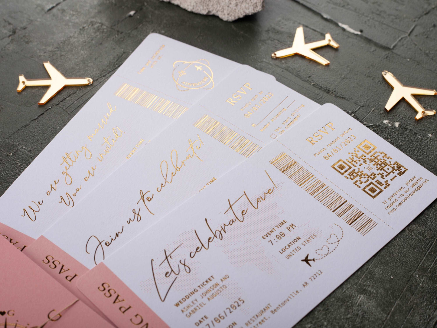Luxury Blush Pink Passport-Style Invitation with Gold Foil Details