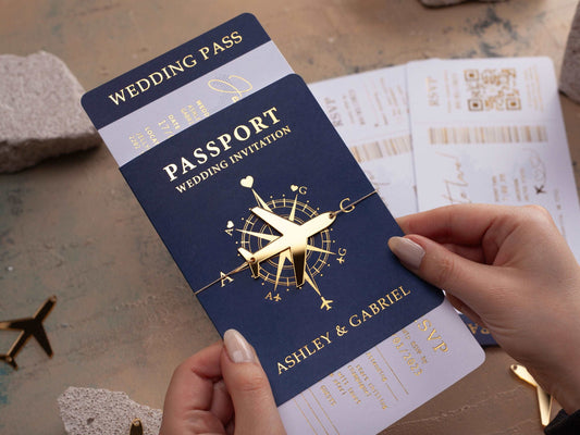 Gold Foil Destination Wedding Invitation in Navy Blue Passport Style