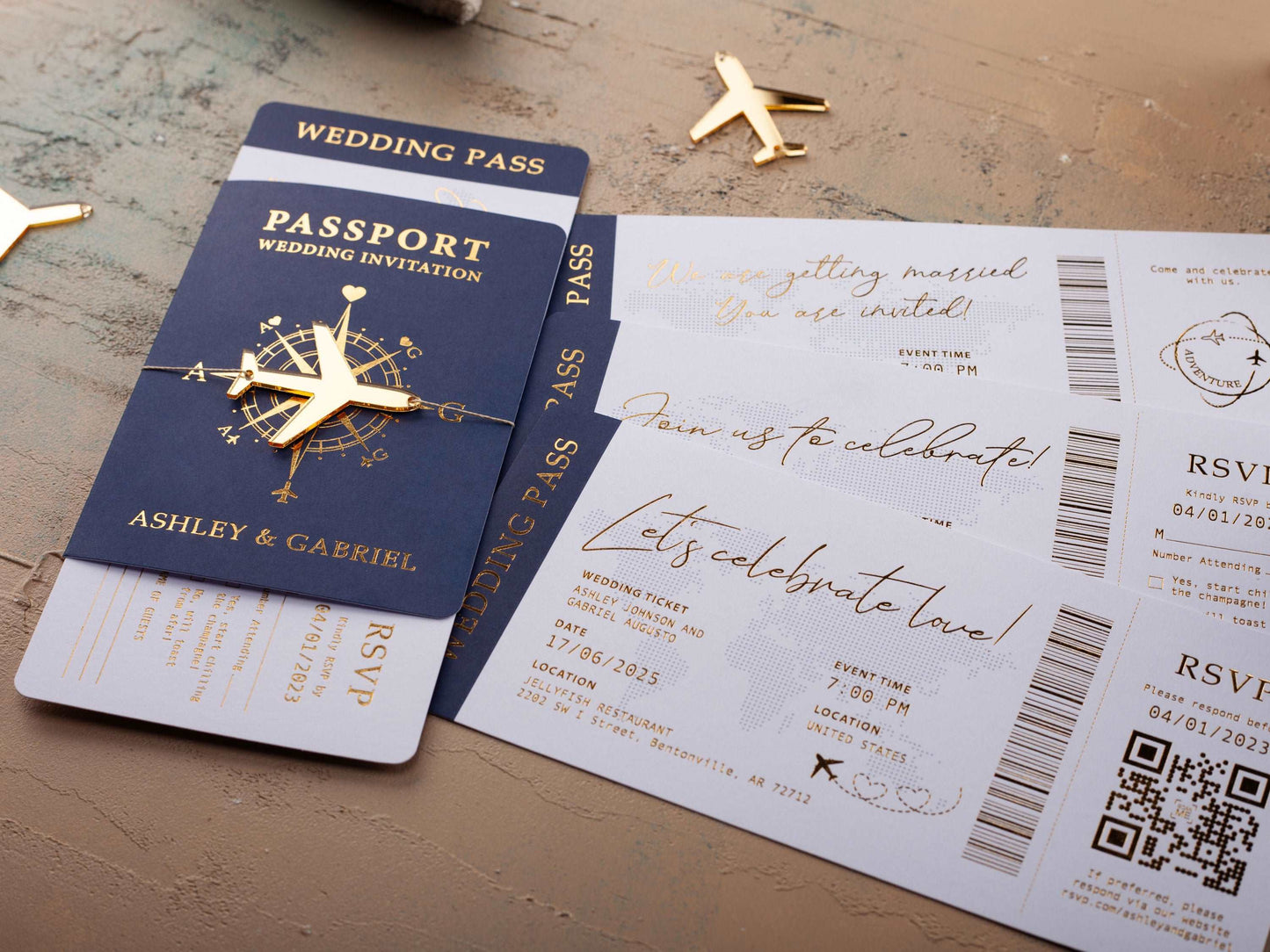 Gold Foil Destination Wedding Invitation in Navy Blue Passport Style