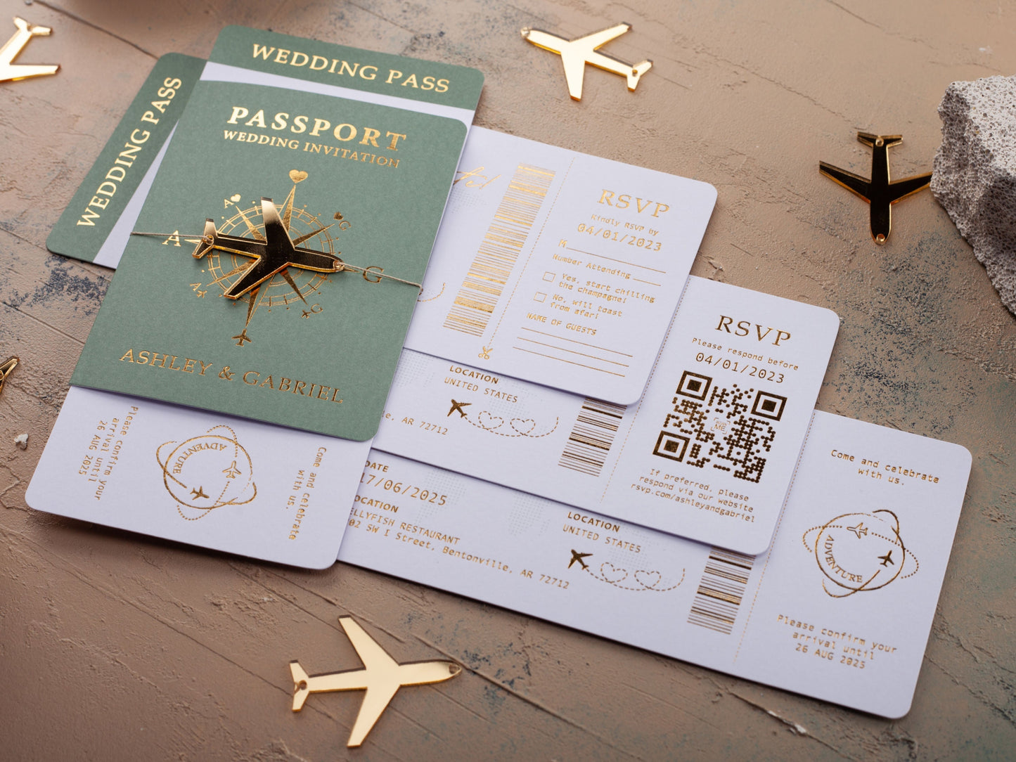 Sage Green Passport Wedding Invitation with Elegant Gold Lettering