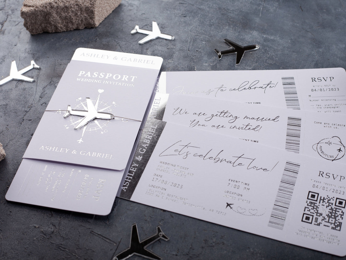 Elegant White Boarding Pass Wedding Invitation with Silver Foil