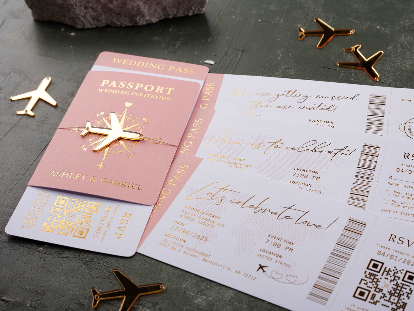 Luxury Blush Pink Passport-Style Invitation with Gold Foil Details