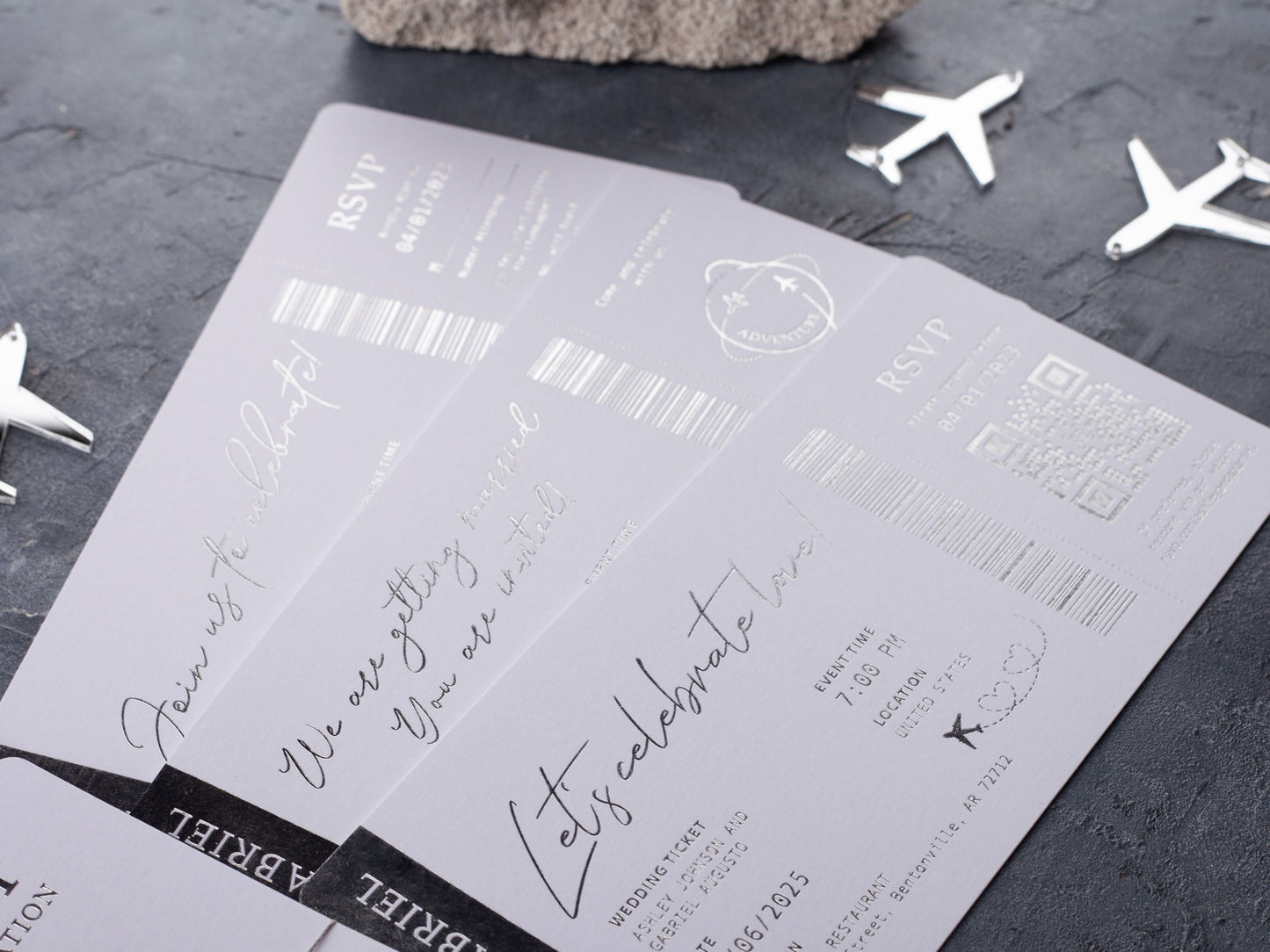 Elegant White Boarding Pass Wedding Invitation with Silver Foil