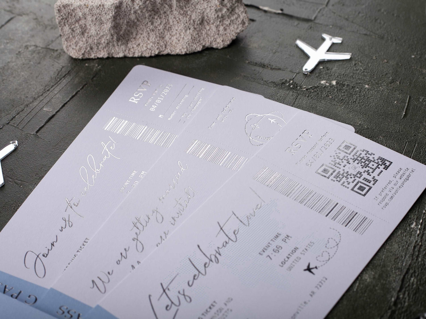 Elegant Baby Blue Wedding Invite – Silver Foil Boarding Pass Design