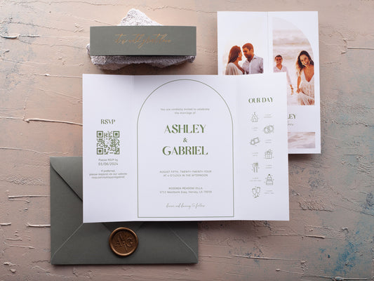 Photo Gatefold Wedding Invitation with Khaki Green Envelope - LA Invitations Co