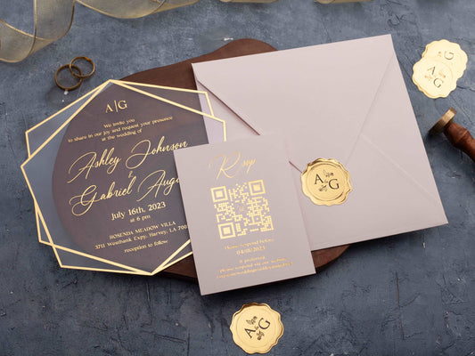 Elegant Acrylic Invite with Gold Foil and Soft Blush Pink Envelope - LA Invitations Co
