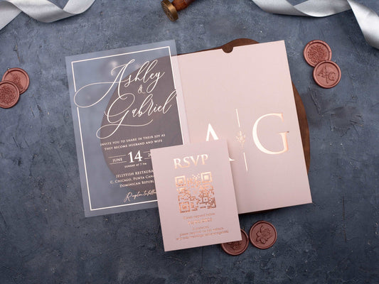 Acrylic Wedding Invitation with Rose Gold Foil and Pink Envelope - LA Invitations Co