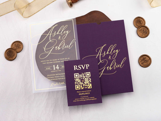 Acrylic Wedding Invitation with Purple Envelope and Gold Foil - LA Invitations Co