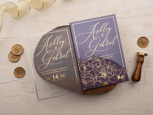 Chic Purple and Gold Acrylic Wedding Invitation with Florals - LA Invitations Co