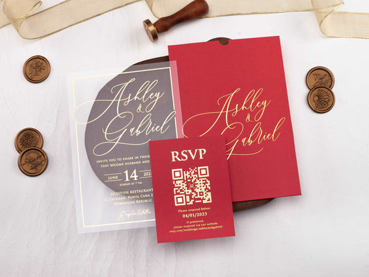 Acrylic Wedding Invitation with Red Envelope and Gold Foil - LA Invitations Co
