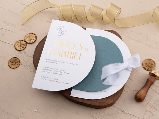 Dusty Blue Wedding Invitation with Gold Foil and Half Circle Design - LA Invitations Co