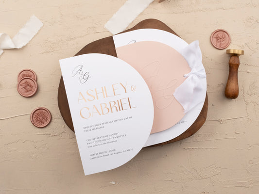 Blush Pink Half Circle Jacket Wedding Card with Rose Gold Accents - LA Invitations Co