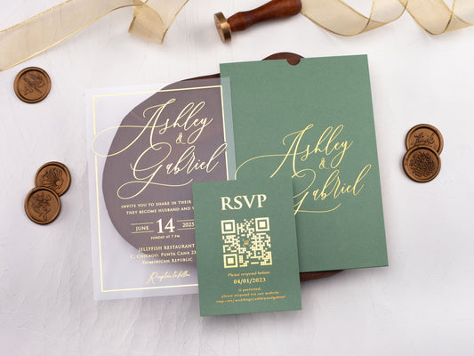 Acrylic Wedding Invitation with Gold Foil Letters and Sage Green Sleeve - LA Invitations Co