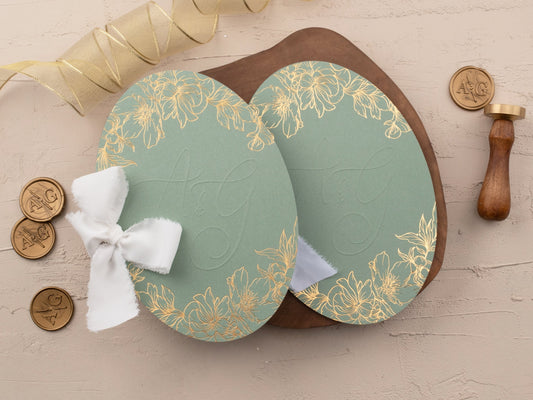 Luxury Sage and Gold Wedding Card with Floral Foil Embellishments - LA Invitations Co