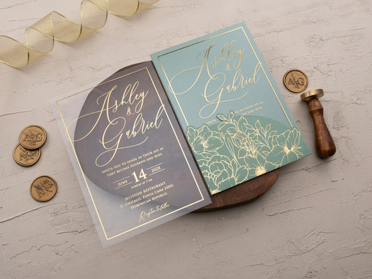 Luxury Acrylic Wedding Invite with Sage Green and Gold Florals - LA Invitations Co