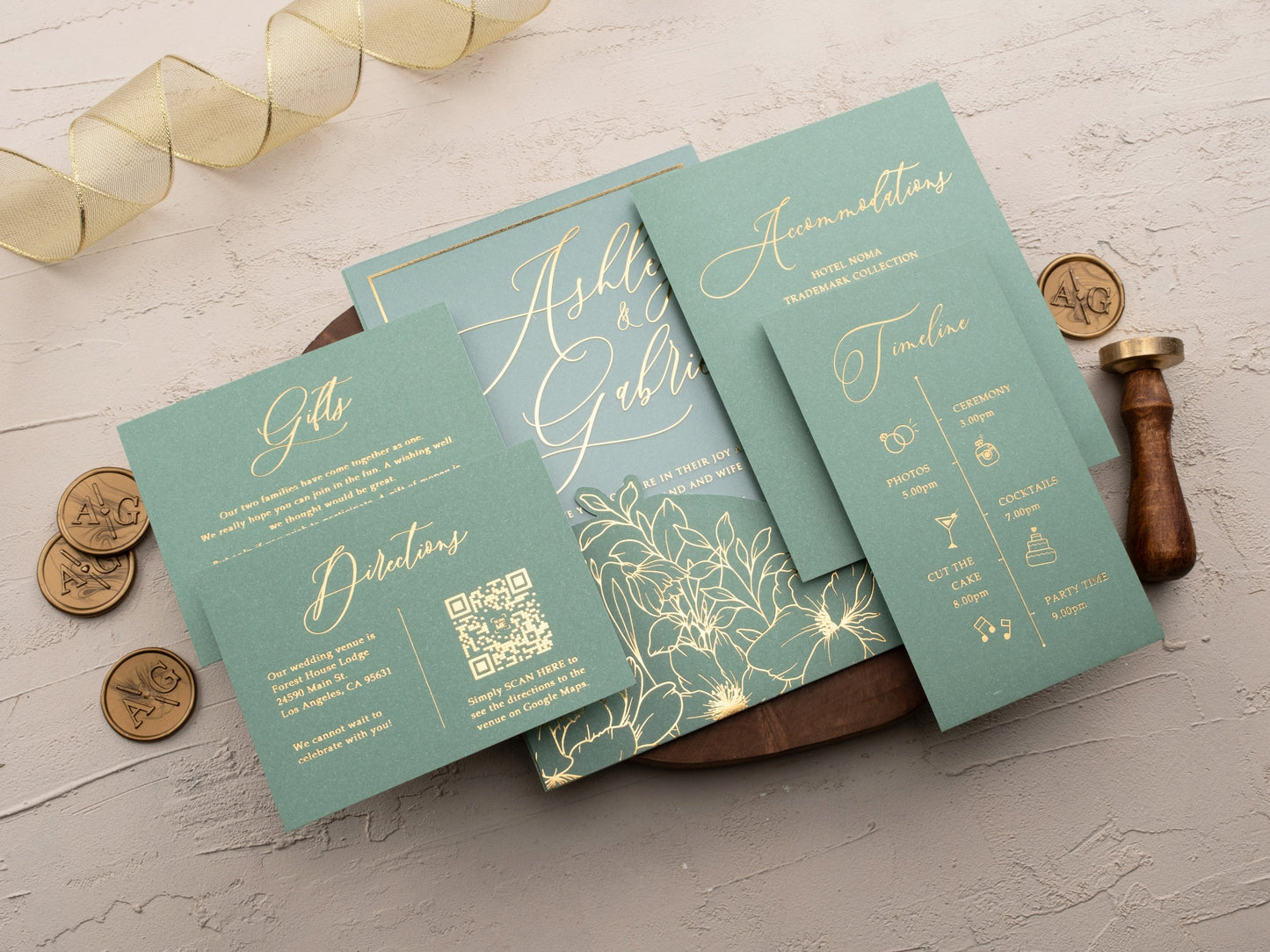 Luxury Acrylic Wedding Invite with Sage Green and Gold Florals