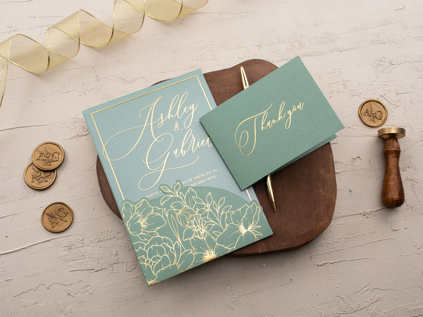 Luxury Acrylic Wedding Invite with Sage Green and Gold Florals