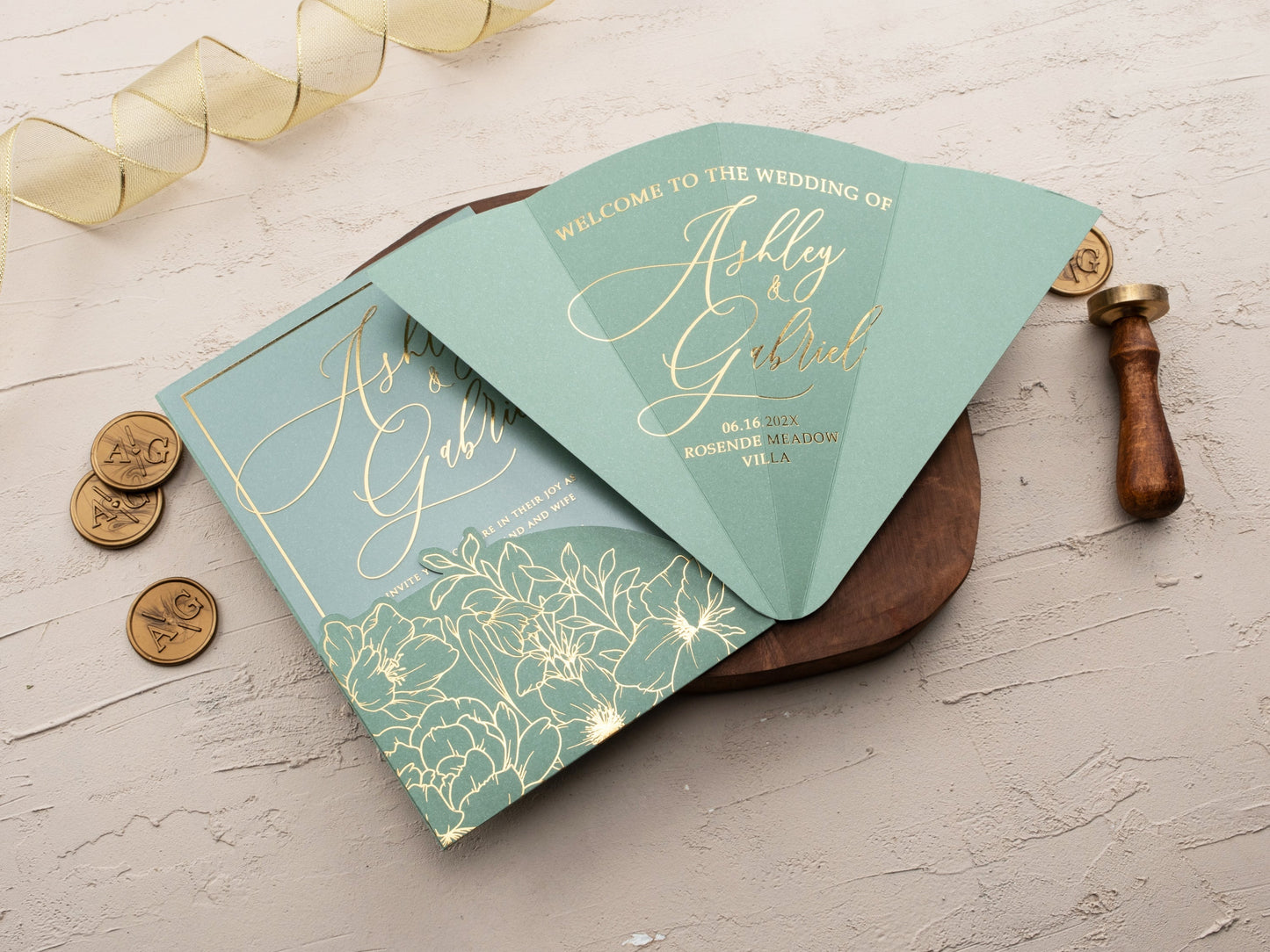 Luxury Acrylic Wedding Invite with Sage Green and Gold Florals