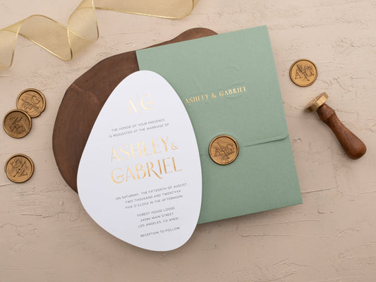 Chic Modern Shape Wedding Invite in Sage Green with Gold Accents - LA Invitations Co