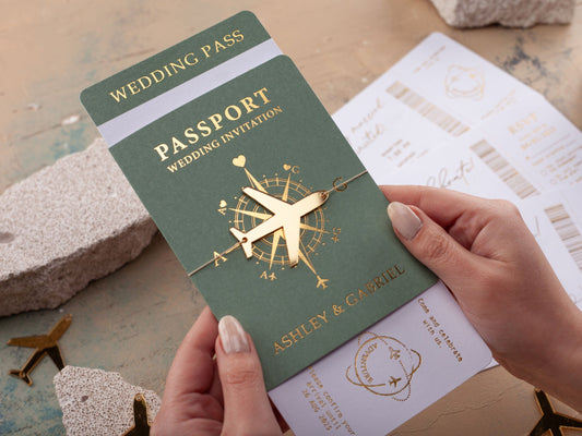 Sage Green Passport Wedding Invitation with Elegant Gold Lettering