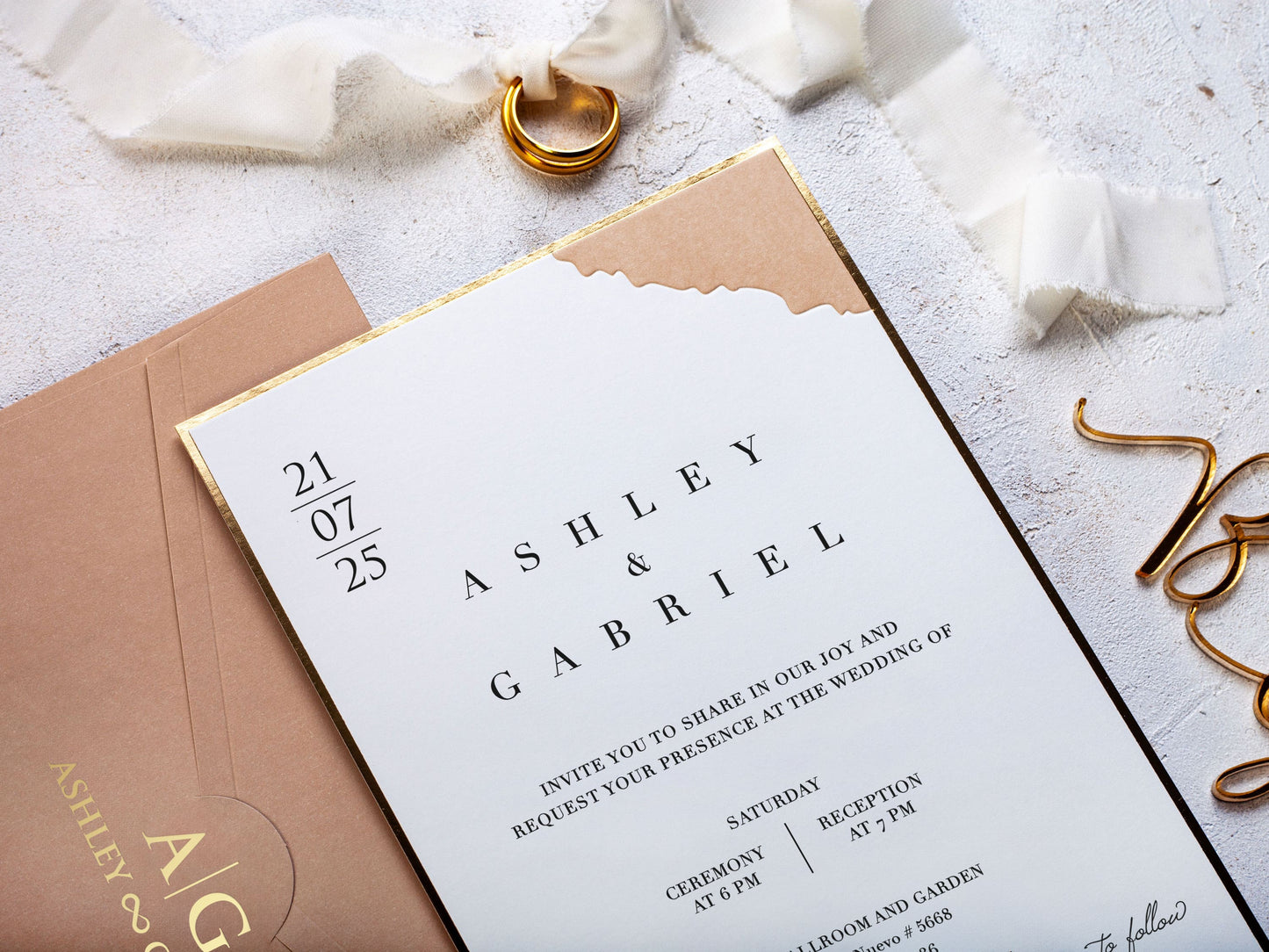 Beige and Gold Wedding Invitation with Modern Style