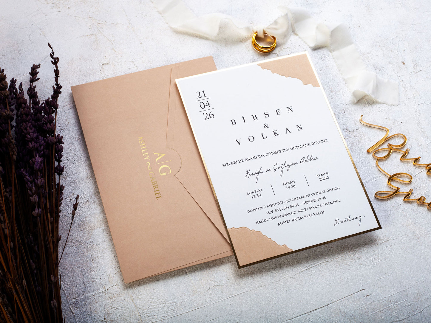 Beige and Gold Wedding Invitation with Modern Style