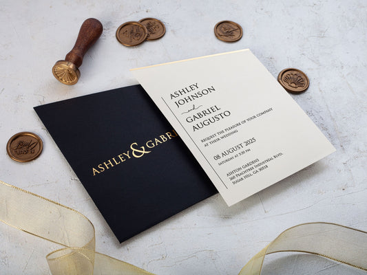 Elegant Black Wedding Invite with Glamorous Gold Accents - LA Invitations Co