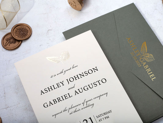 Elegant Wedding Invite with Shimmering Gold Leaves - LA Invitations Co
